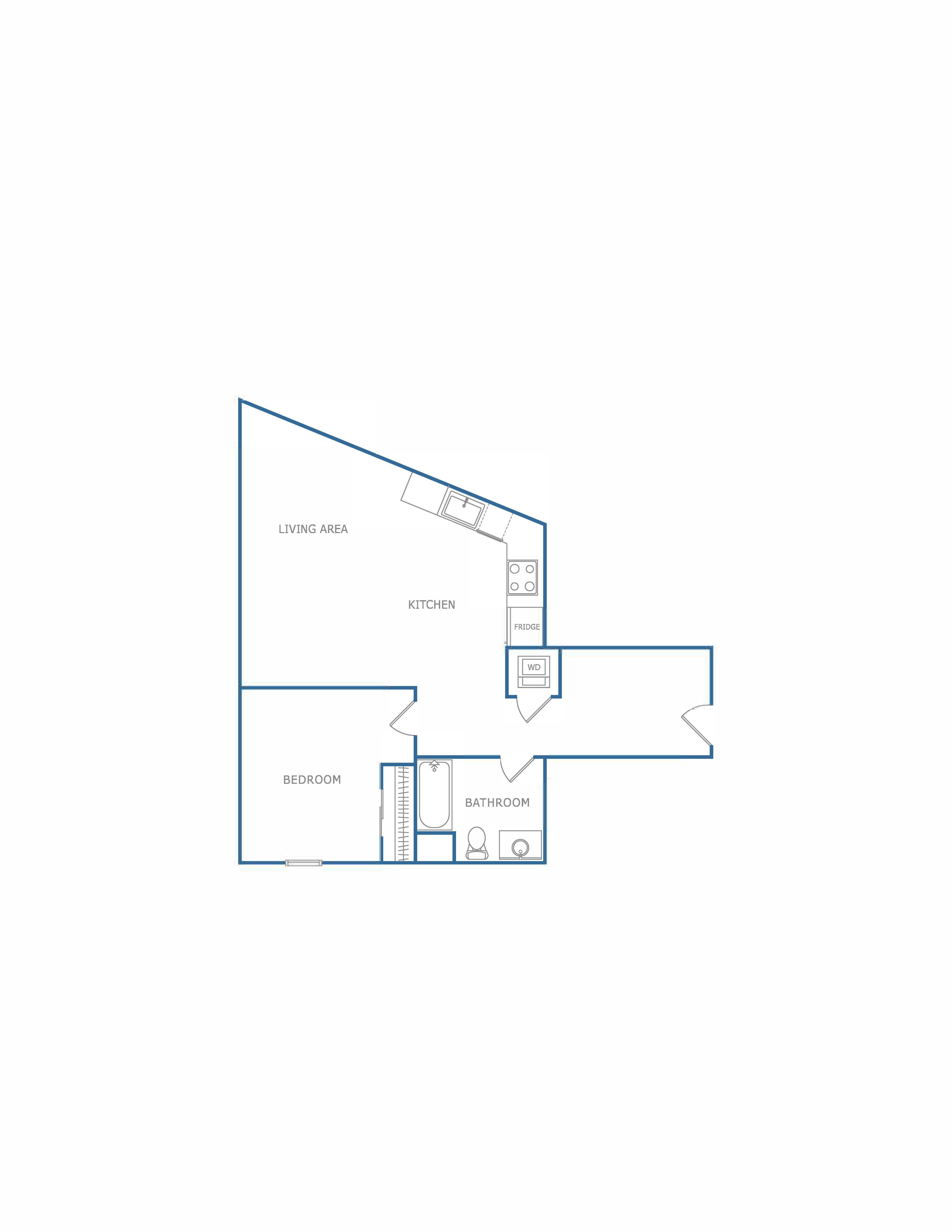 Floor plan for 1 bed, 1 bath, 761 sqft